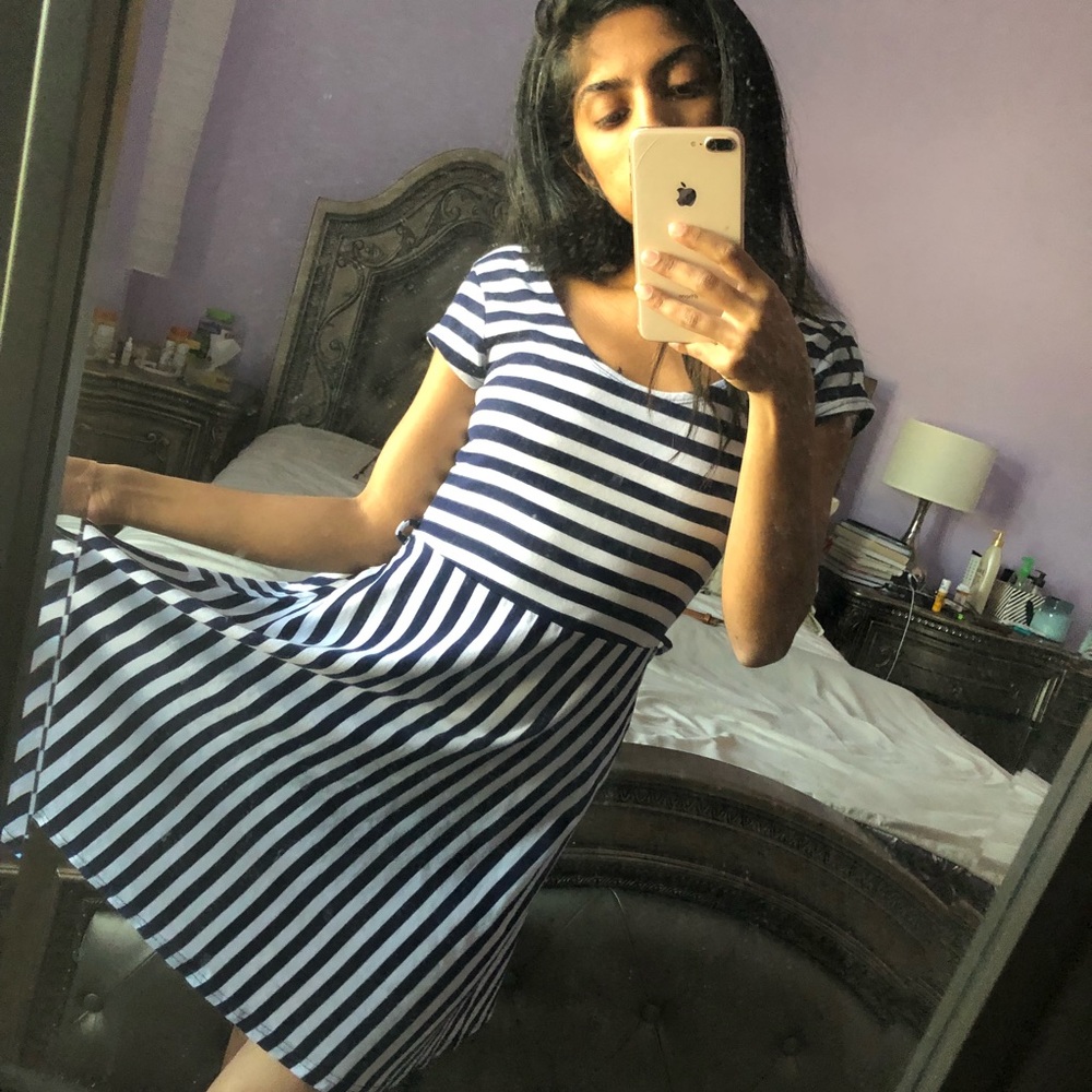 Summer Striped Skater Dress Navy Blue & White